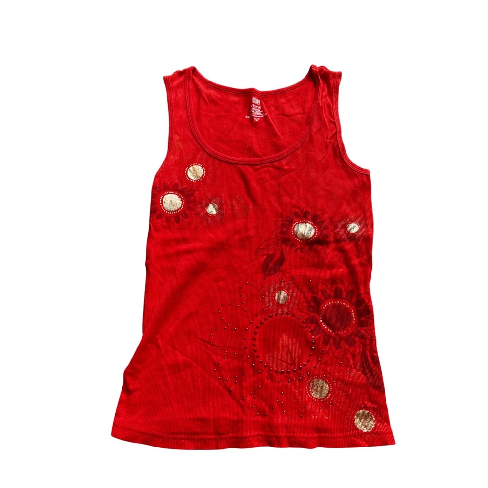 Faded Glory Red‎ Ribbed Tank Top Floral Gold Foil Rhinestone Girls Large 12-14